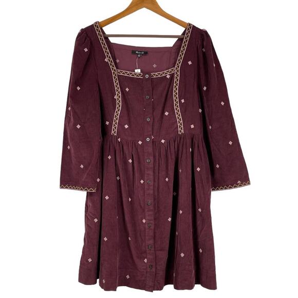 Madewell NWT Embroidered Corduroy Button-Front Mini Dress Size 10 Puff Sleeve - Picture 5 of 14